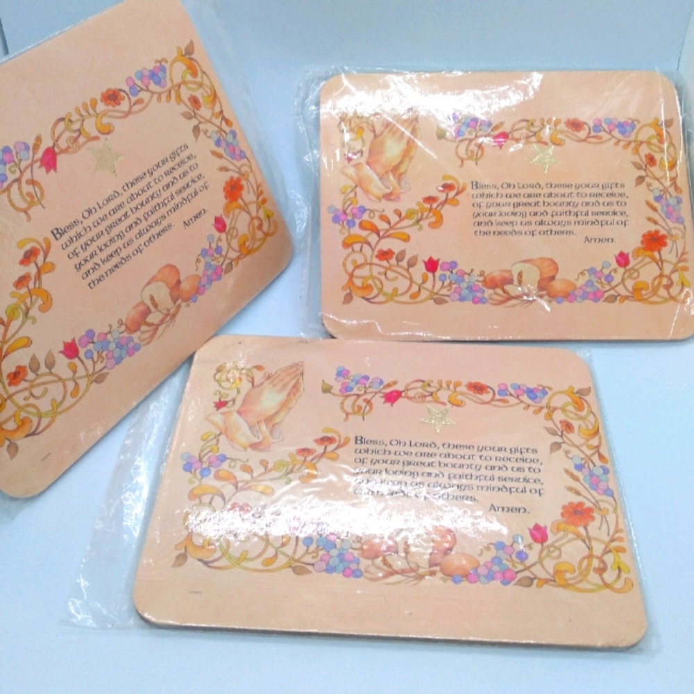 Vtg 3 new old stock Praying themed 'Hot Plaques'